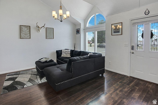 4958 S 3900 W, Roy, UT 84067 - living room with vaulted ceiling, a chandelier, dark wood finished floors, and baseboards