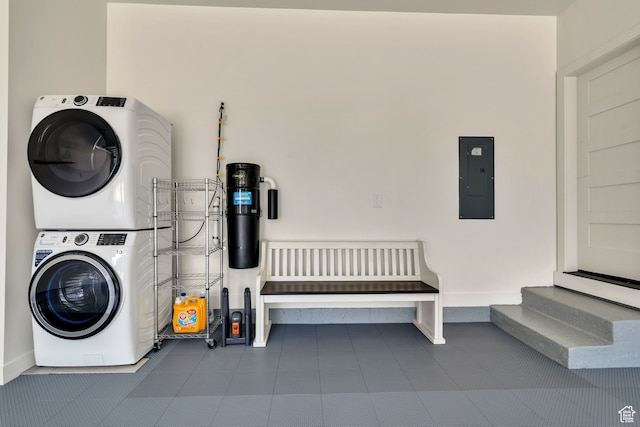 10005 N Meer Cir, Heber City, UT 84032 - clothes washing area with electric panel and stacked washer and clothes dryer