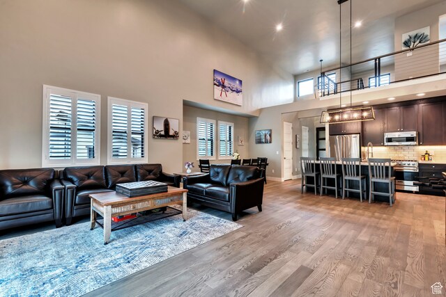 10005 N Meer Cir, Heber City, UT 84032 - living room with light hardwood / wood-style floors and a high ceiling