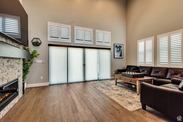 10005 N Meer Cir, Heber City, UT 84032 - living room with a towering ceiling, a stone fireplace, and light hardwood / wood-style flooring