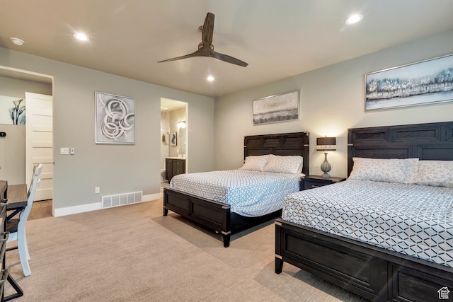 10005 N Meer Cir, Heber City, UT 84032 - bedroom featuring connected bathroom, light carpet, and ceiling fan