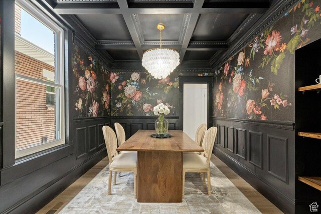 855 S 700 E, Salt Lake City, UT 84102 - dining area with a chandelier, wood finished floors, coffered ceiling, beamed ceiling, and wallpapered walls