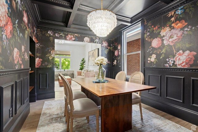 855 S 700 E, Salt Lake City, UT 84102 - dining area with wallpapered walls, coffered ceiling, a chandelier, wood finished floors, and ornamental molding
