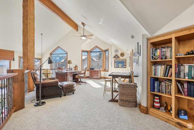 living area featuring carpet flooring, ceiling fan, beamed ceiling, and high vaulted ceiling
