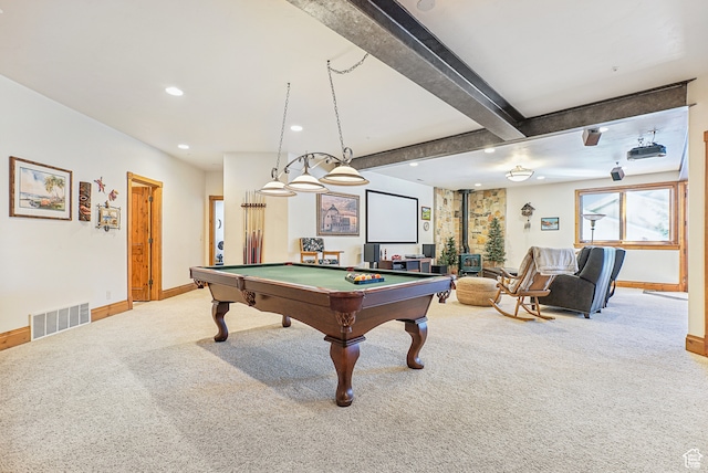 recreation room with beam ceiling, carpet floors, and billiards