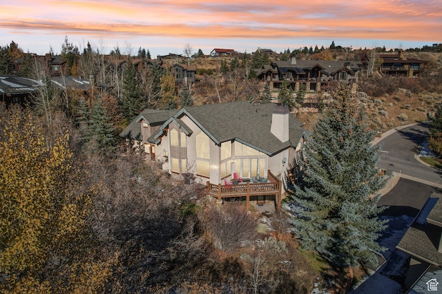 view of aerial view at dusk