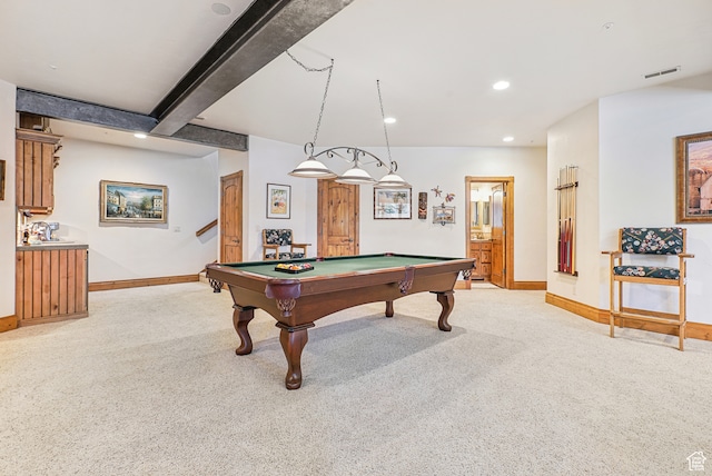 game room with beam ceiling, light carpet, and billiards