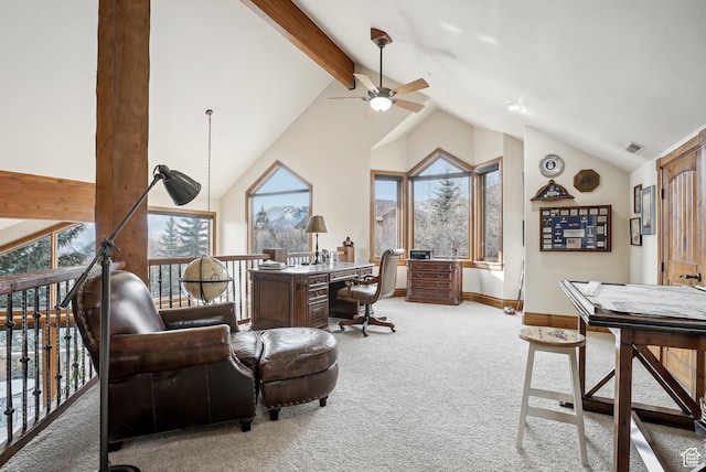 carpeted home office with ceiling fan, high vaulted ceiling, and a healthy amount of sunlight