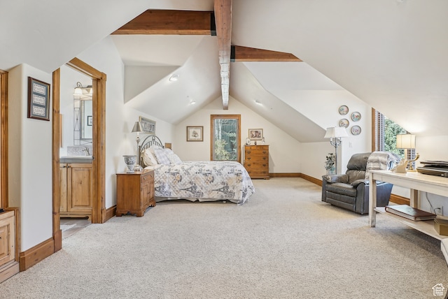 bedroom with carpet flooring, multiple windows, and vaulted ceiling with beams