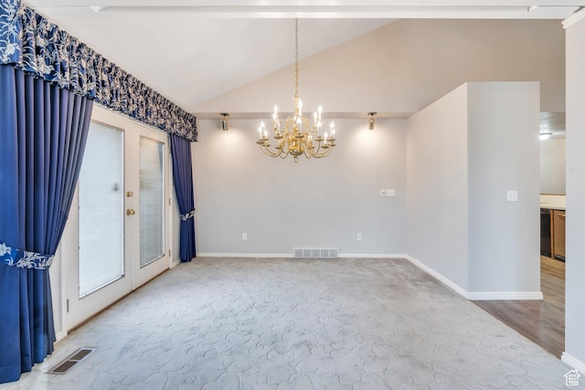 3635 S Arbor Park Dr, Magna, UT 84044 - carpeted spare room featuring a chandelier, vaulted ceiling, and baseboards
