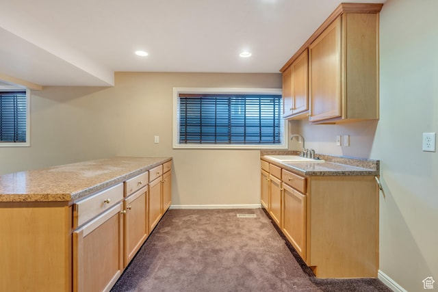3635 S Arbor Park Dr, Magna, UT 84044 - kitchen featuring a sink, a peninsula, baseboards, light brown cabinets, and carpet flooring