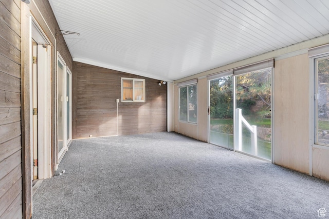 3635 S Arbor Park Dr, Magna, UT 84044 - unfurnished sunroom featuring wooden walls, carpet floors, and lofted ceiling