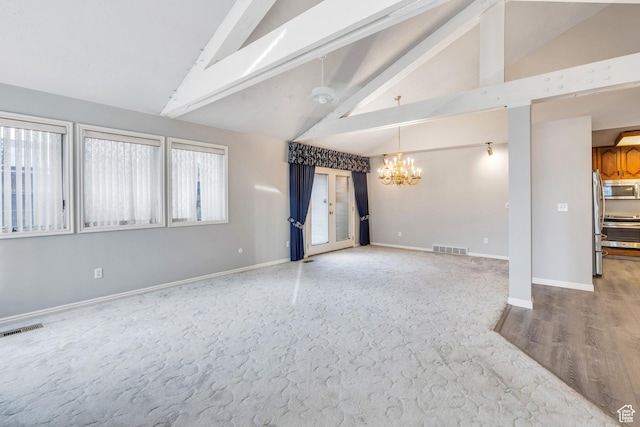3635 S Arbor Park Dr, Magna, UT 84044 - carpeted empty room featuring a chandelier, high vaulted ceiling, beam ceiling, and baseboards