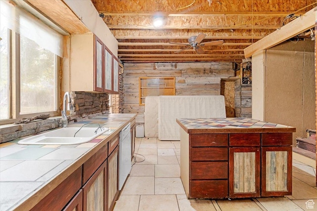 165 S 200 W, Manti, UT 84642 - kitchen featuring tile countertops, ceiling fan, white dishwasher, and wood walls