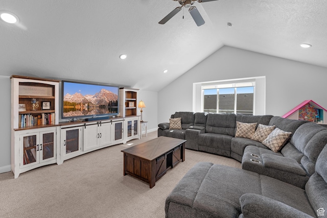 519 N Pintail Ln Unit C, Vineyard, UT 84059 - living room featuring ceiling fan, lofted ceiling, light colored carpet, and recessed lighting