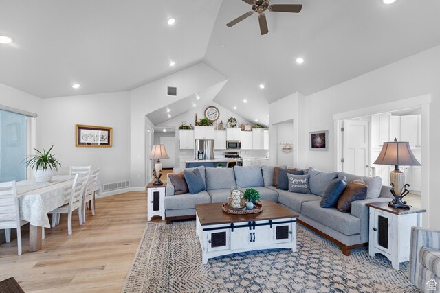 519 N Pintail Ln Unit C, Vineyard, UT 84059 - living area with a ceiling fan, light wood-type flooring, recessed lighting, baseboards, and high vaulted ceiling