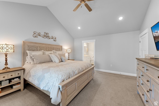 519 N Pintail Ln Unit C, Vineyard, UT 84059 - bedroom featuring vaulted ceiling, light carpet, connected bathroom, recessed lighting, and a ceiling fan