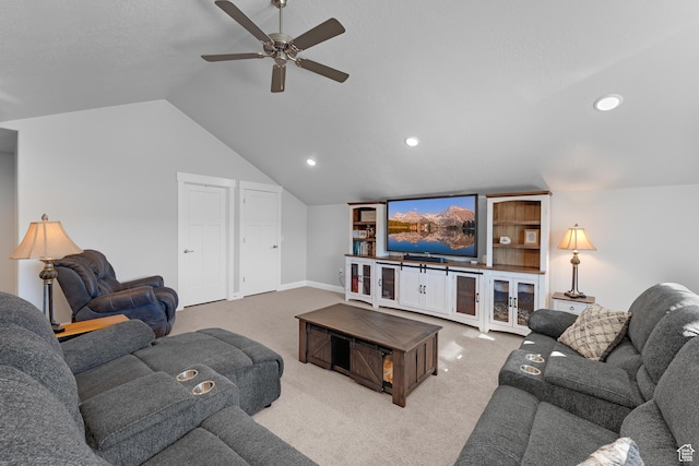 519 N Pintail Ln Unit C, Vineyard, UT 84059 - living room with lofted ceiling, carpet flooring, a ceiling fan, and recessed lighting
