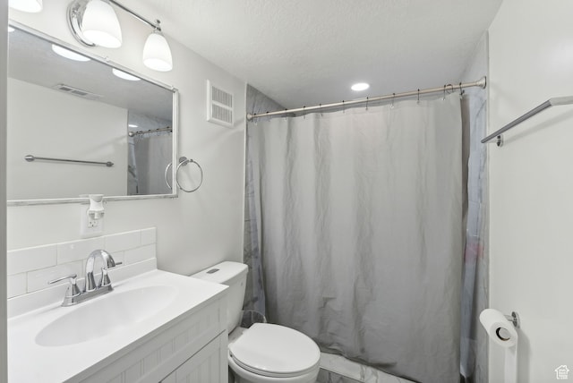 11959 S 235 E, Draper, UT 84020 - bathroom with backsplash, toilet, vanity, a textured ceiling, and curtained shower