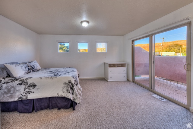 385 E Pueblo Ct, Moab, UT 84532 - bedroom featuring multiple windows, light carpet, a textured ceiling, and access to outside