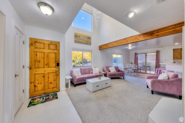 385 E Pueblo Ct, Moab, UT 84532 - living room with a textured ceiling, beamed ceiling, light carpet, and a high ceiling