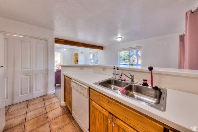 385 E Pueblo Ct, Moab, UT 84532 - kitchen with sink, a textured ceiling, light tile patterned floors, beam ceiling, and dishwasher
