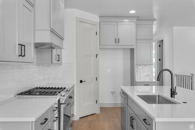 2523 N 3250 W, Clinton, UT 84015 - kitchen featuring wood-type flooring, sink, backsplash, light stone countertops, and appliances with stainless steel finishes