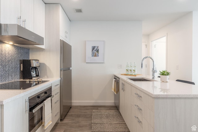 2303 Deer Hollow Rd Unit 1314, Park City, UT 84060 - kitchen featuring light stone counters, light hardwood / wood-style flooring, sink, backsplash, and appliances with stainless steel finishes