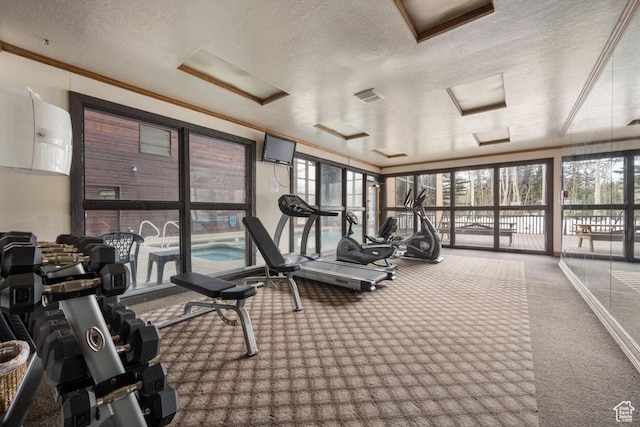 150 W Ridgeview St Unit 220, Brian Head, UT 84719 - workout area with a wealth of natural light, a textured ceiling, carpet flooring, and crown molding