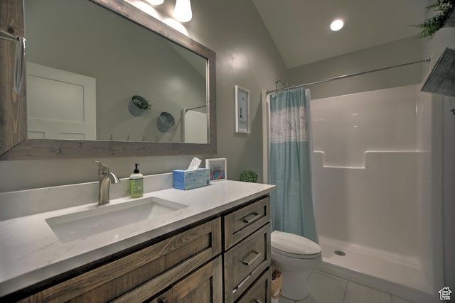 1400 N Cisco Cir, Garden City, UT 84028 - full bathroom with curtained shower, toilet, vanity, lofted ceiling, and recessed lighting