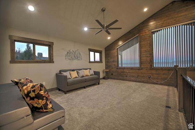 1400 N Cisco Cir, Garden City, UT 84028 - carpeted living room featuring wood walls, vaulted ceiling, a ceiling fan, recessed lighting, and baseboards