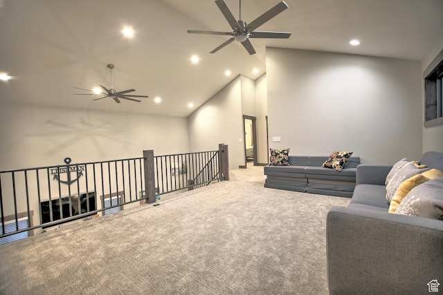 1400 N Cisco Cir, Garden City, UT 84028 - carpeted living room featuring ceiling fan, recessed lighting, and high vaulted ceiling