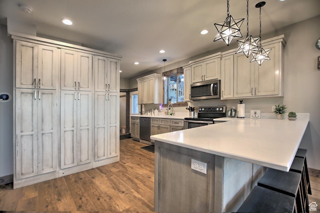 1400 N Cisco Cir, Garden City, UT 84028 - kitchen with appliances with stainless steel finishes, wood finished floors, light countertops, a peninsula, and decorative light fixtures