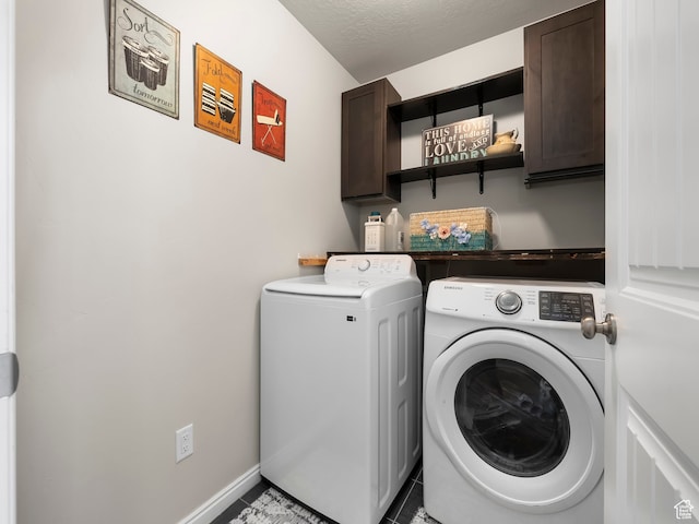 4182 E Paddock Way, Eagle Mountain, UT 84005 - laundry room with cabinets, a textured ceiling, tile patterned flooring, and separate washer and dryer