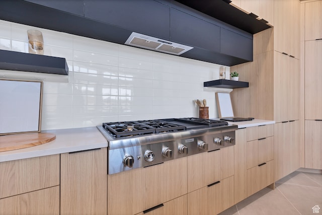 3967 N Hillside Way, Santa Clara, UT 84765 - kitchen with tasteful backsplash, ventilation hood, light tile patterned floors, light brown cabinets, and stainless steel gas cooktop
