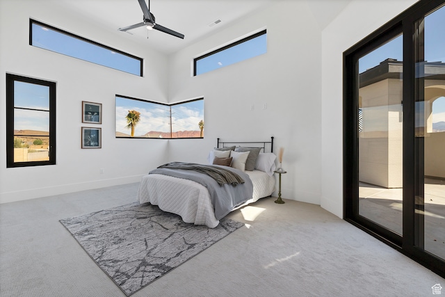 3967 N Hillside Way, Santa Clara, UT 84765 - bedroom featuring a towering ceiling, access to outside, light carpet, and ceiling fan