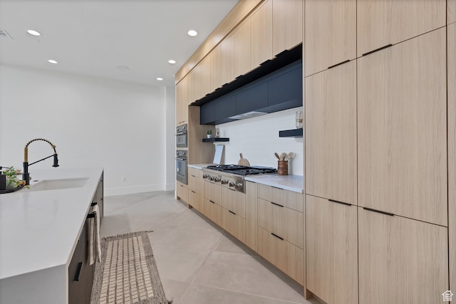 3967 N Hillside Way, Santa Clara, UT 84765 - kitchen featuring stainless steel appliances, sink, tasteful backsplash, light brown cabinetry, and light tile patterned floors