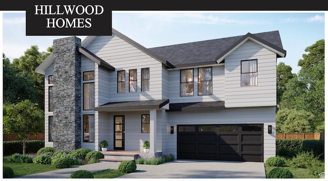 1537 S 240 W Unit 9, Spanish Fork, UT 84660 - contemporary home with asphalt driveway, an attached garage, roof with shingles, and a chimney