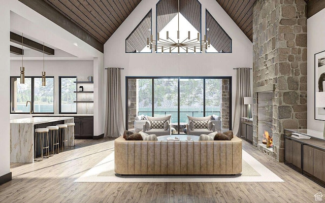 1478 S 920 E, Salem, UT 84653 - living room with light wood finished floors, high vaulted ceiling, a fireplace, wooden ceiling, and a chandelier