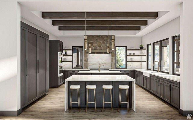 1478 S 920 E, Salem, UT 84653 - kitchen with a center island, beam ceiling, light wood-style flooring, open shelves, and backsplash