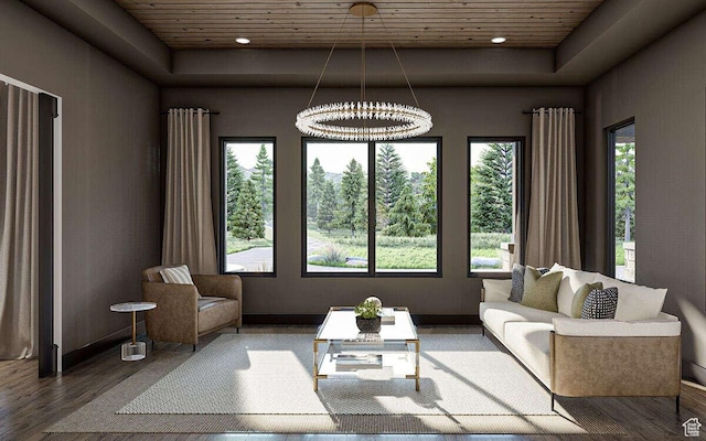 1478 S 920 E, Salem, UT 84653 - living area featuring wooden ceiling, a tray ceiling, wood finished floors, a chandelier, and recessed lighting