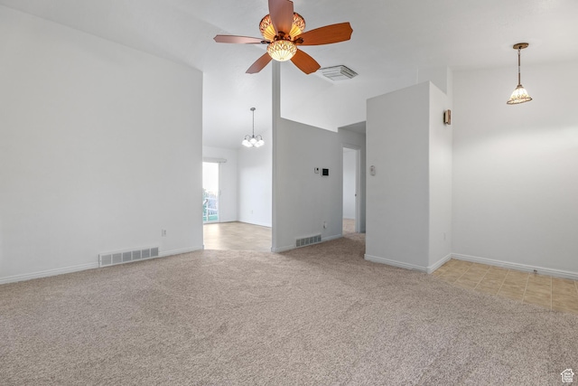948 W 540th St S, Tooele, UT 84074 - unfurnished room featuring light carpet, ceiling fan, a chandelier, baseboards, and high vaulted ceiling