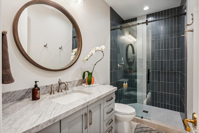 3300 E Hunters Ridge Cir, Heber City, UT 84032 - bathroom with a shower stall, toilet, vanity, and recessed lighting