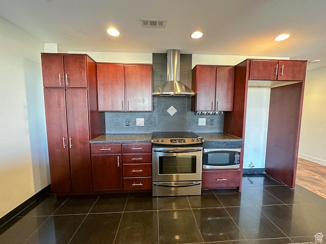 48 W Broadway Unit 2505N, Salt Lake City, UT 84101 - kitchen with appliances with stainless steel finishes, wall chimney range hood, dark countertops, backsplash, and baseboards