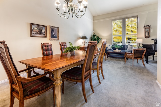 6435 S 1610 E, Murray, UT 84121 - dining space with light carpet, a chandelier, and vaulted ceiling