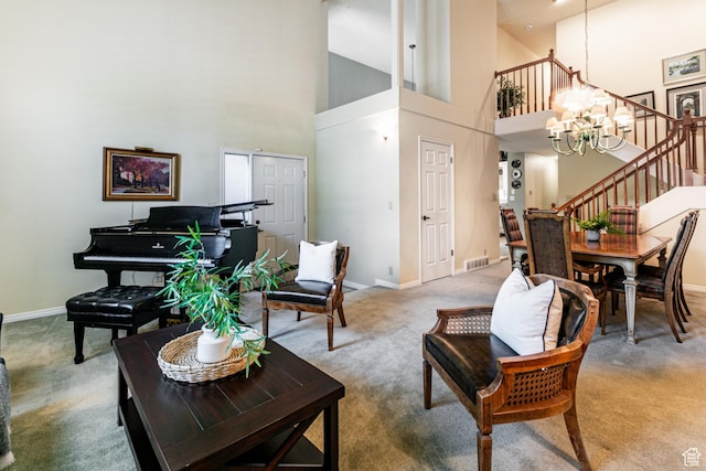 6435 S 1610 E, Murray, UT 84121 - living room with light colored carpet, stairway, baseboards, and a towering ceiling