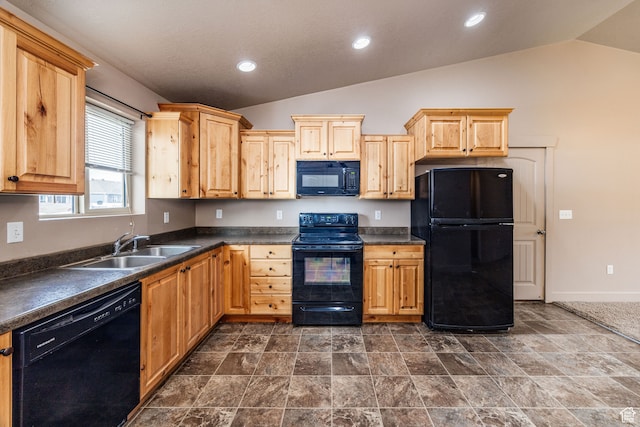 kitchen with sink, black appliances, lofted ceiling, and light brown cabinets