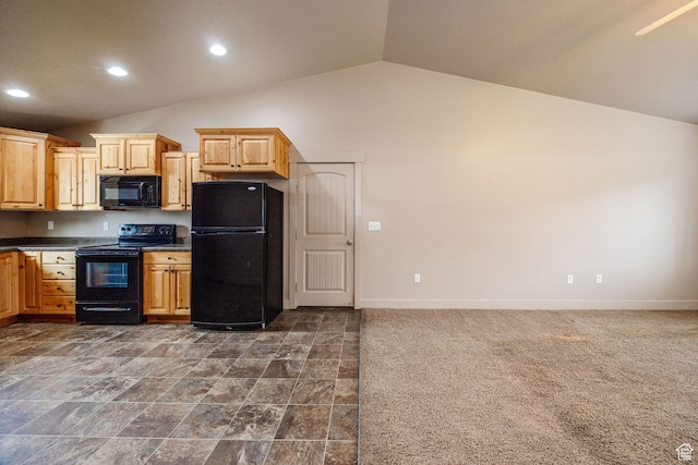 kitchen with dark colored carpet, light brown cabinets, lofted ceiling, and black appliances