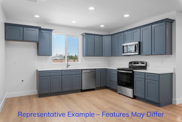 3689 S Riverstone Rd, Mapleton, UT 84664 - kitchen with appliances with stainless steel finishes, a sink, light countertops, baseboards, and light wood finished floors