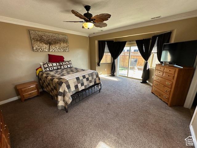 3741 W 5200 N, Cedar City, UT 84721 - bedroom featuring crown molding, access to outside, carpet floors, a ceiling fan, and baseboards